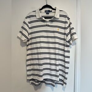 POLO RALPH LAUREN SzXXL Pique white/ navy striped Cotton Polo Short Sleeve Shirt